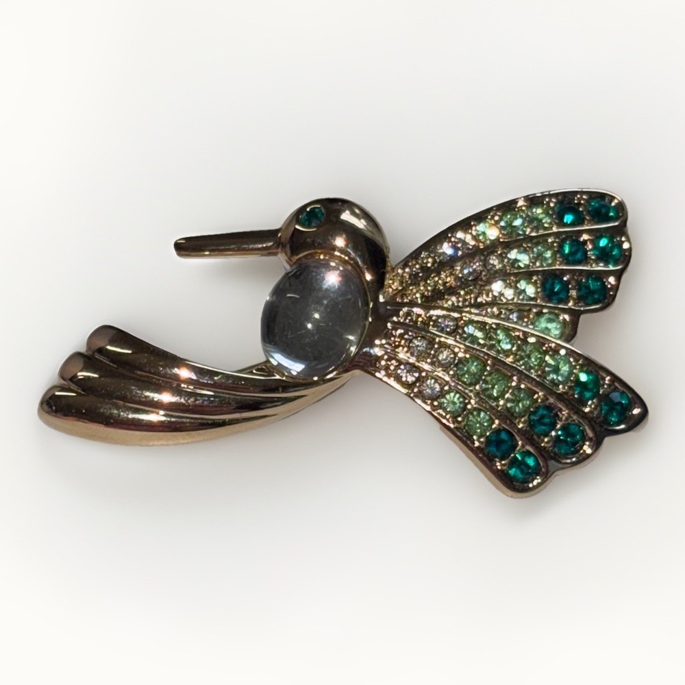 VTG Monet Jelly Belly Gold Hummingbird Green & Clear Rhinestone Brooch